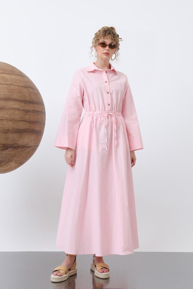 Belden Bağlamalı Uzun Kollu Pembe Elbise 32243