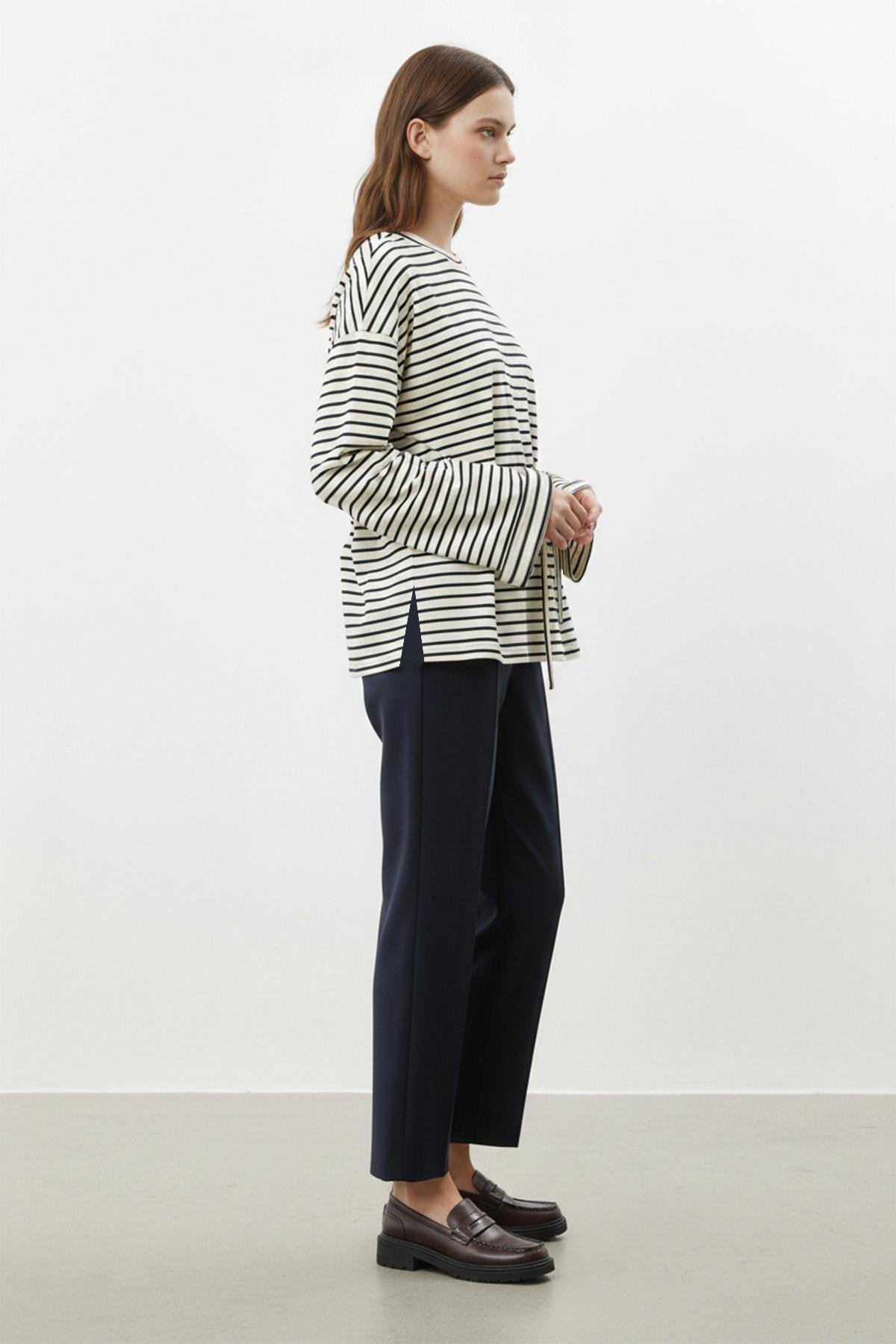 Uzun Kollu Çizgili Belden Bağlamalı Rahat Kesim Lacivert Tunik 3248432484
