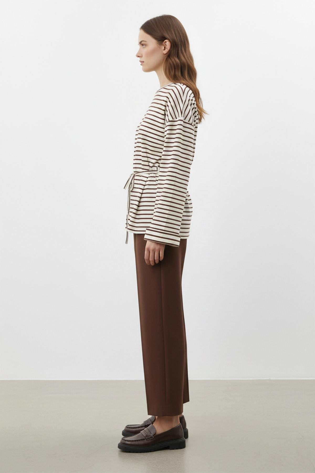 Uzun Kollu Çizgili Belden Bağlamalı Rahat Kesim Kahve Tunik 32484