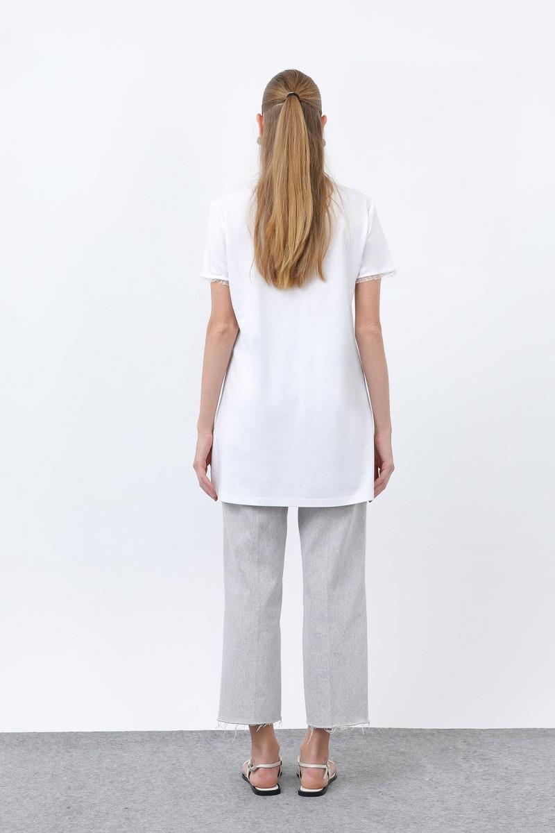 Minimalist Ribana Detaylı Basic T-Shirt Ekru 