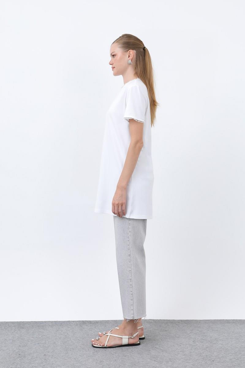 Minimalist Ribana Detaylı Basic T-Shirt Ekru 