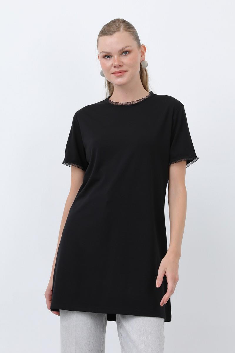 Minimalist Ribana Detaylı Siyah Basic T-Shirt 40013