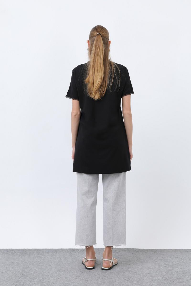 Minimalist Ribana Detaylı Siyah Basic T-Shirt 40013