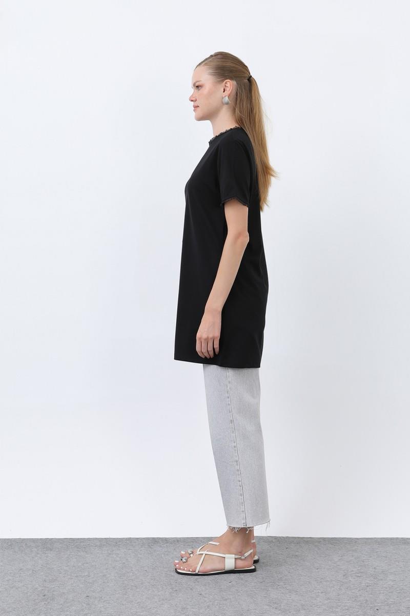 Minimalist Ribana Detaylı Siyah Basic T-Shirt 40013