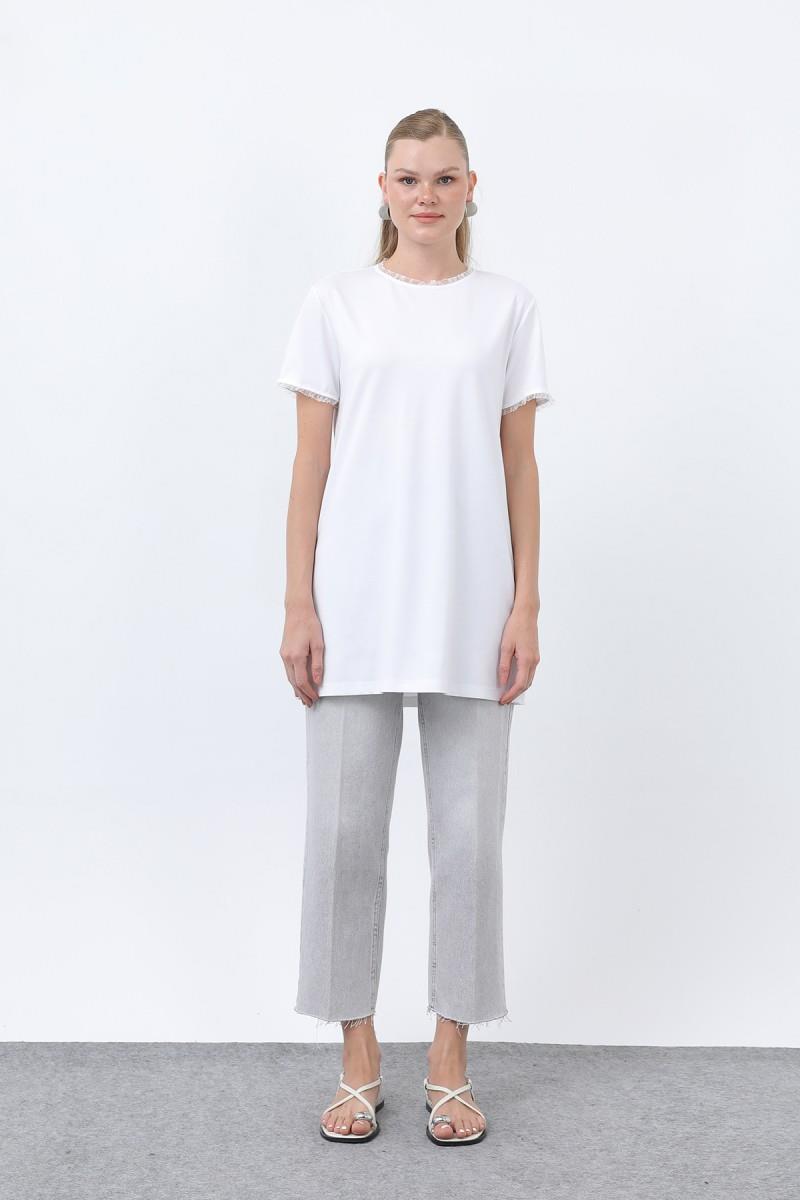 Minimalist Ribana Detaylı Basic T-Shirt Ekru 