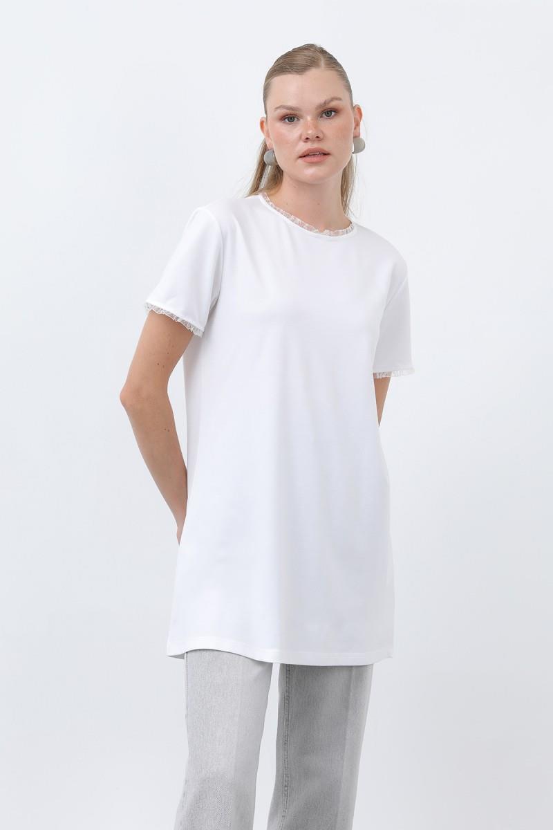 Minimalist Ribana Detaylı Basic T-Shirt Ekru 