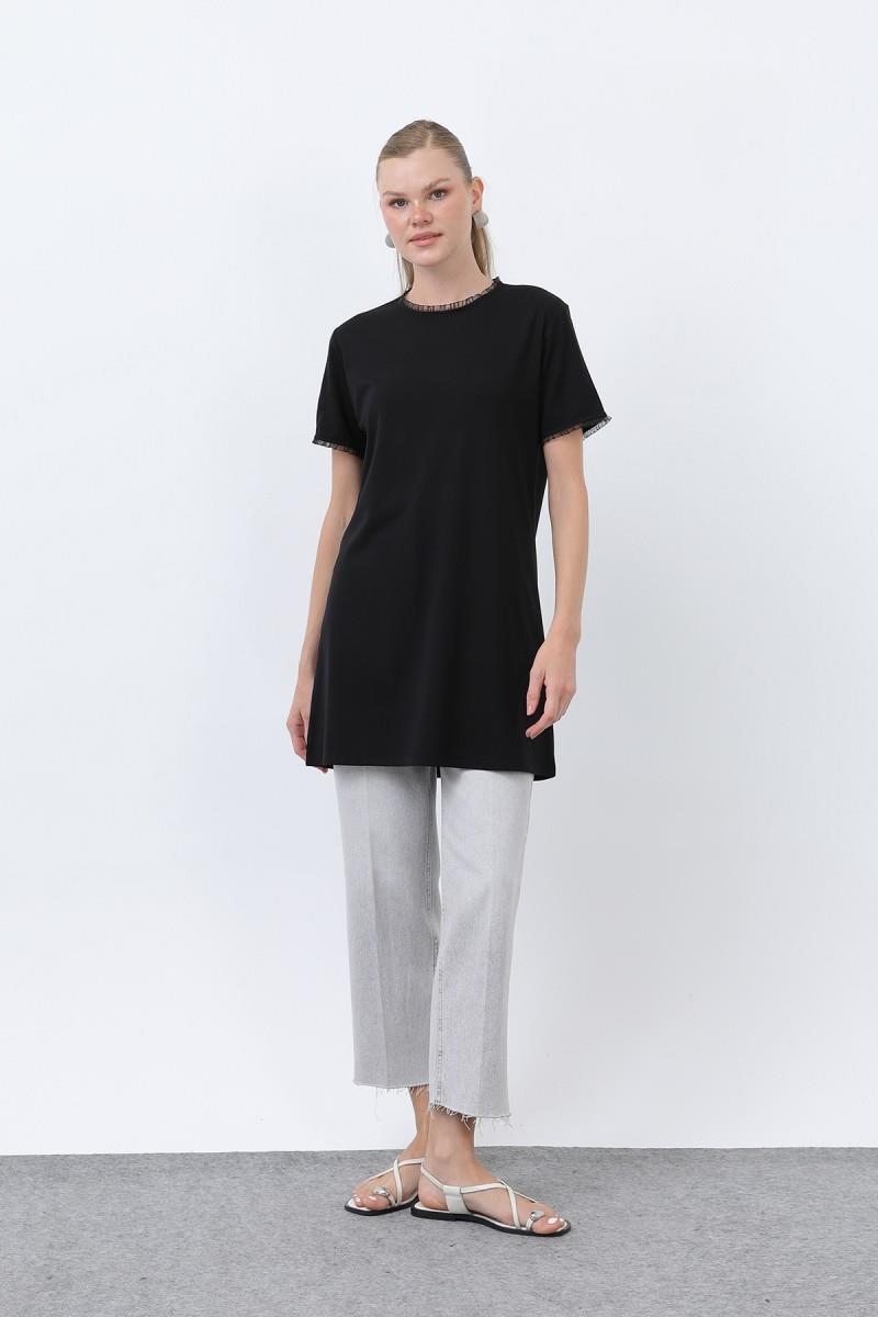 Minimalist Ribana Detaylı Siyah Basic T-Shirt 40013