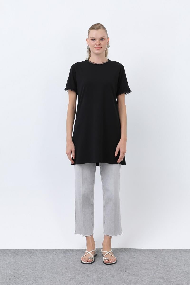 Minimalist Ribana Detaylı Siyah Basic T-Shirt 40013