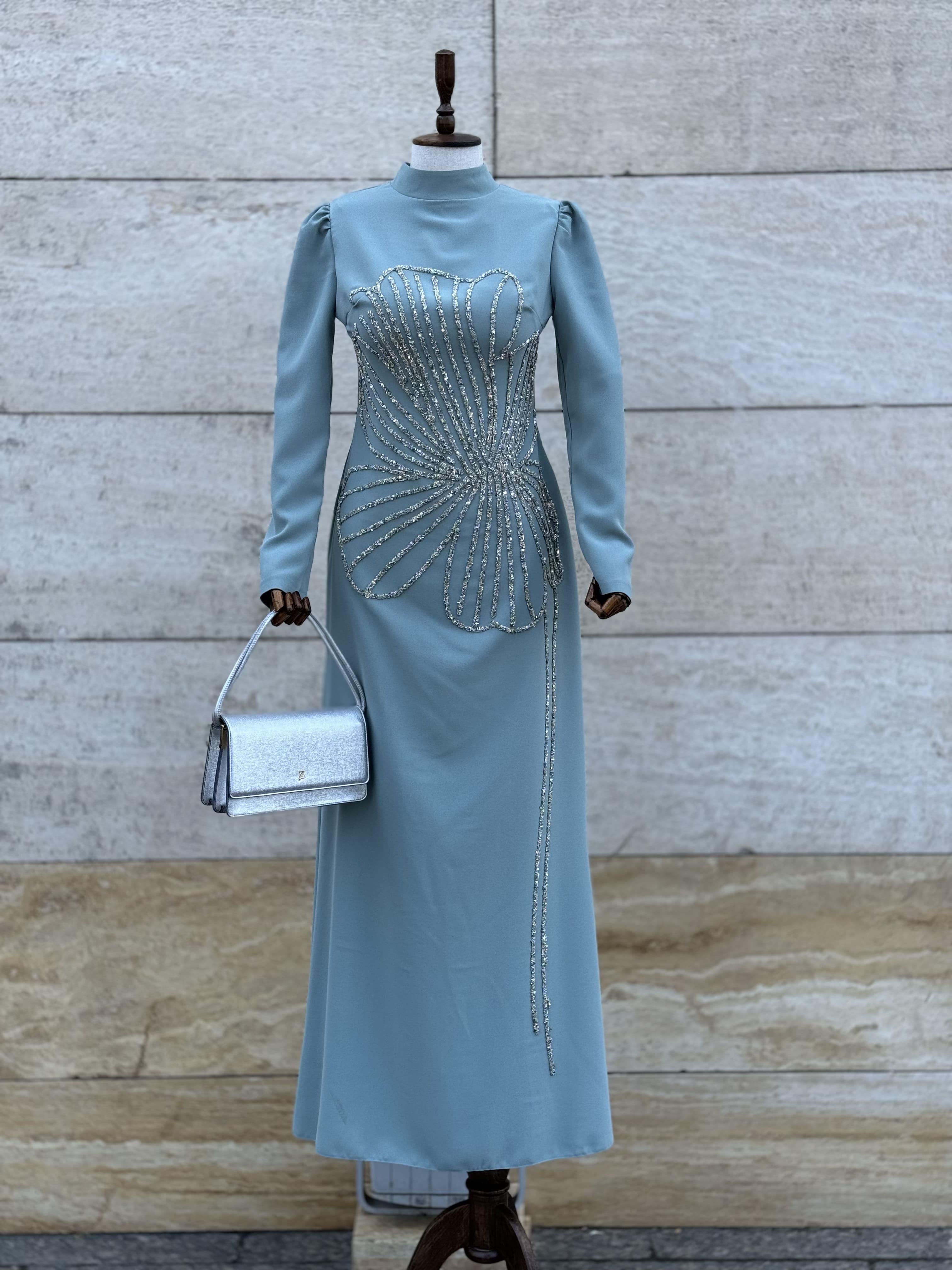 Taş Desen Yeşil Abiye 4137