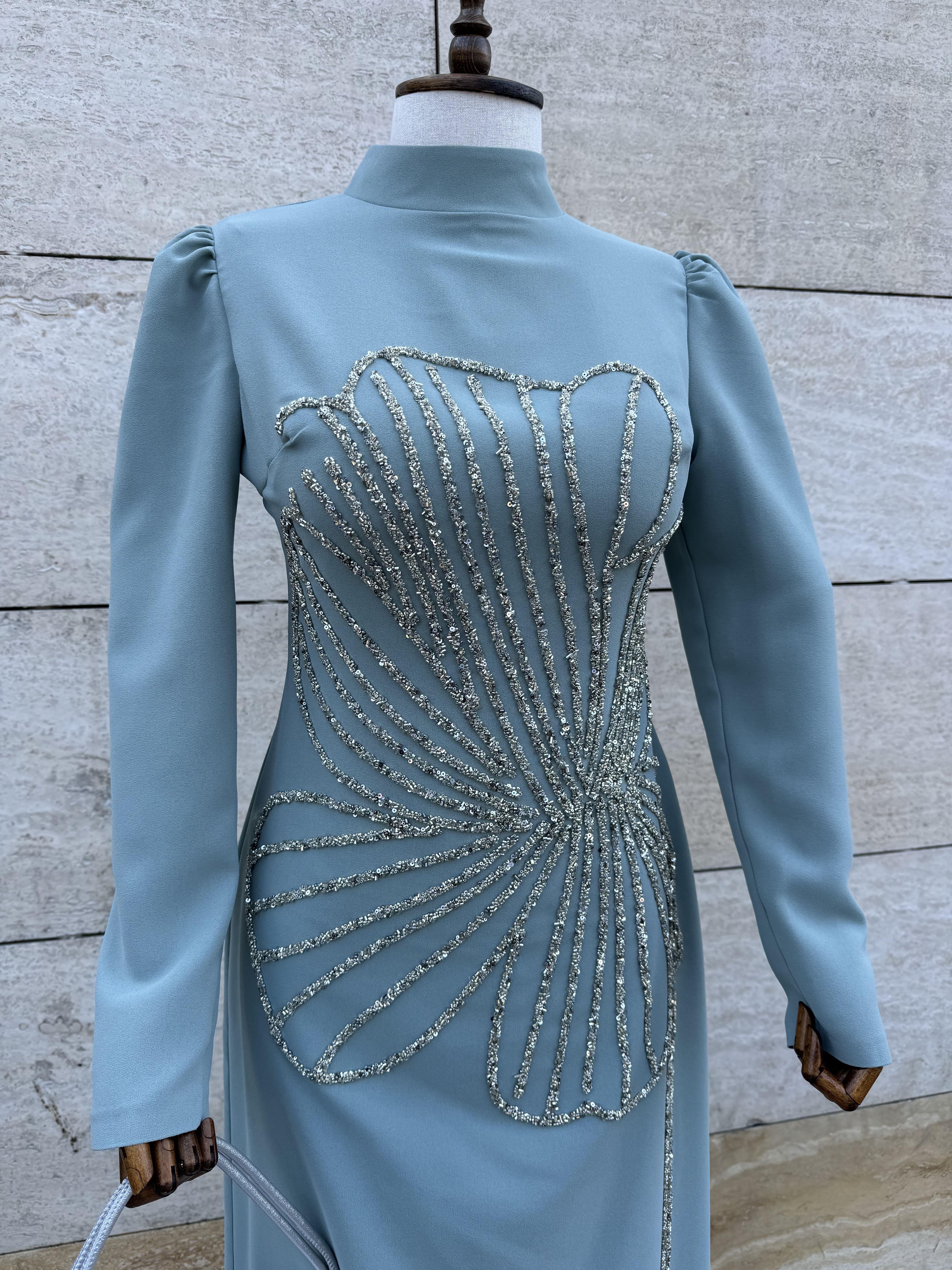 Taş Desen Yeşil Abiye 4137