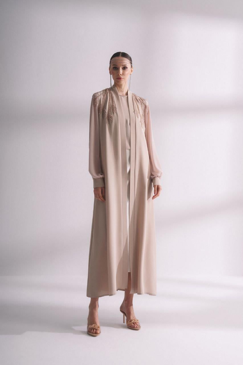 Kolları Şifon Omuzları İşlemeli Abaya Vizon 6137