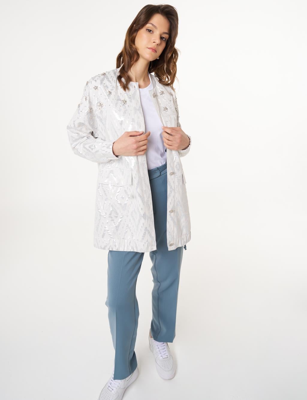 Baklava Desenli Jakarlı Ceket Gri 73015