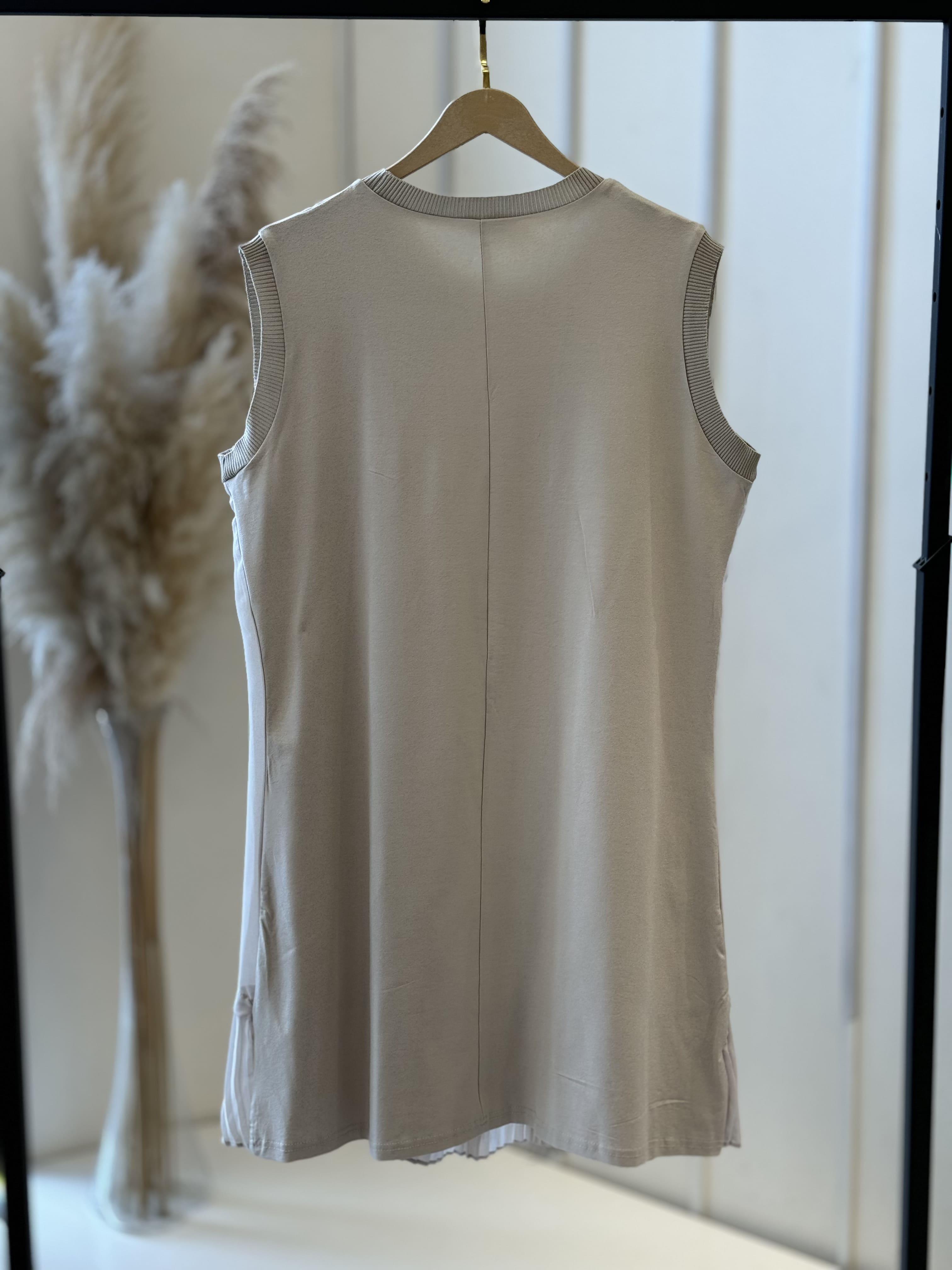 Şifonlu Kolsuz Piliseli Bej Uzun Tunik 876