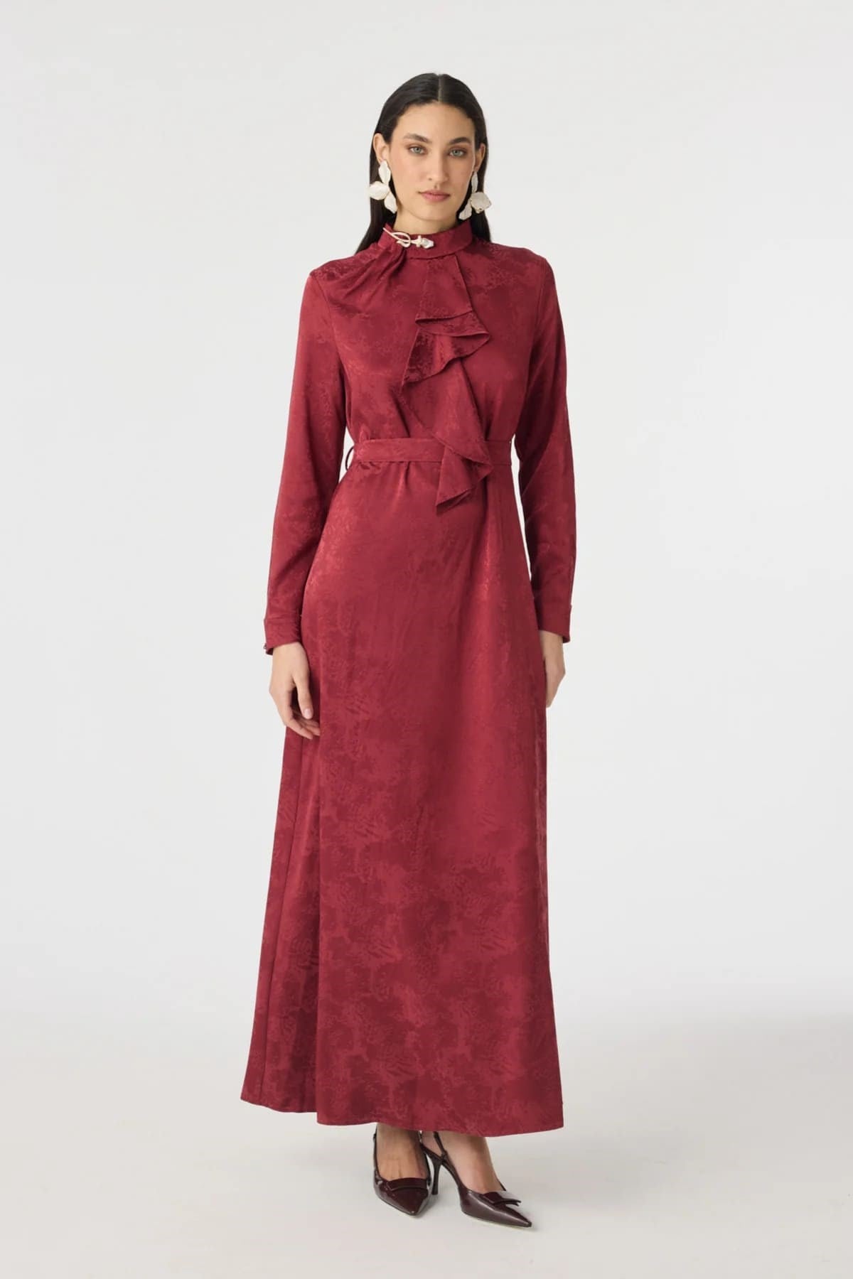 Aksesuar Detaylı Jakarlı Elbise Bordo 0563