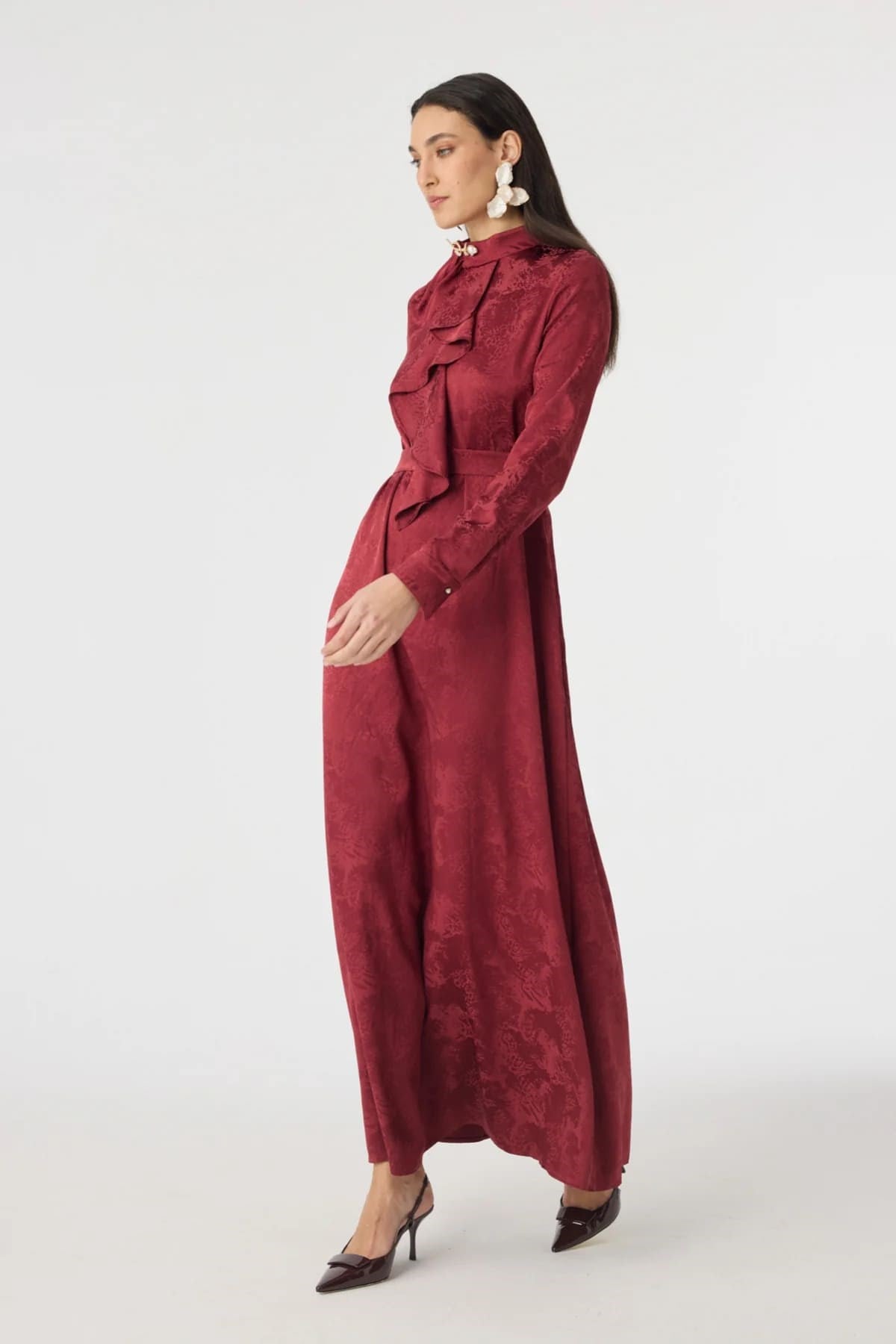 Aksesuar Detaylı Jakarlı Elbise Bordo 0563