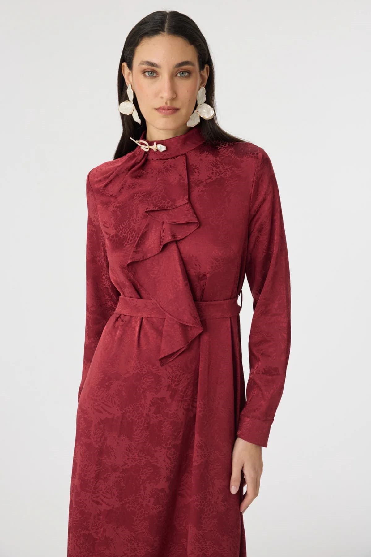 Aksesuar Detaylı Jakarlı Elbise Bordo 0563