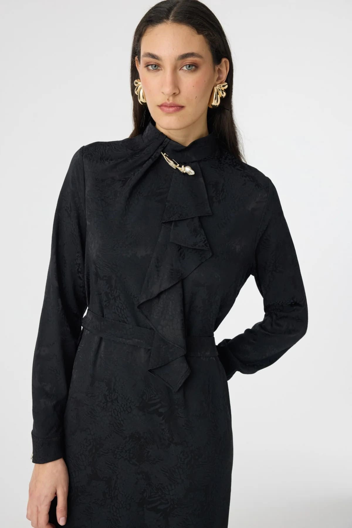 Aksesuar Detaylı Jakarlı Elbise Siyah 0563