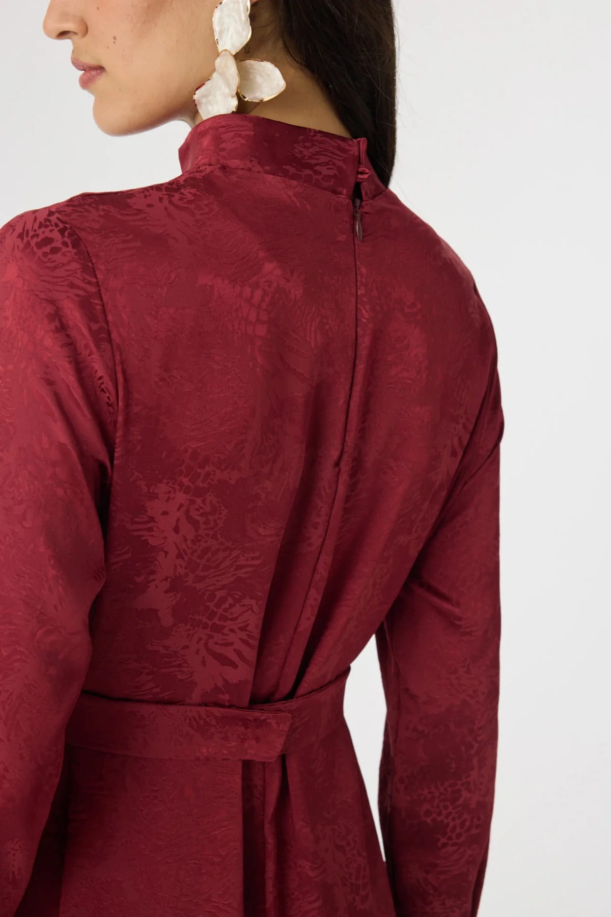 Aksesuar Detaylı Jakarlı Elbise Bordo 0563