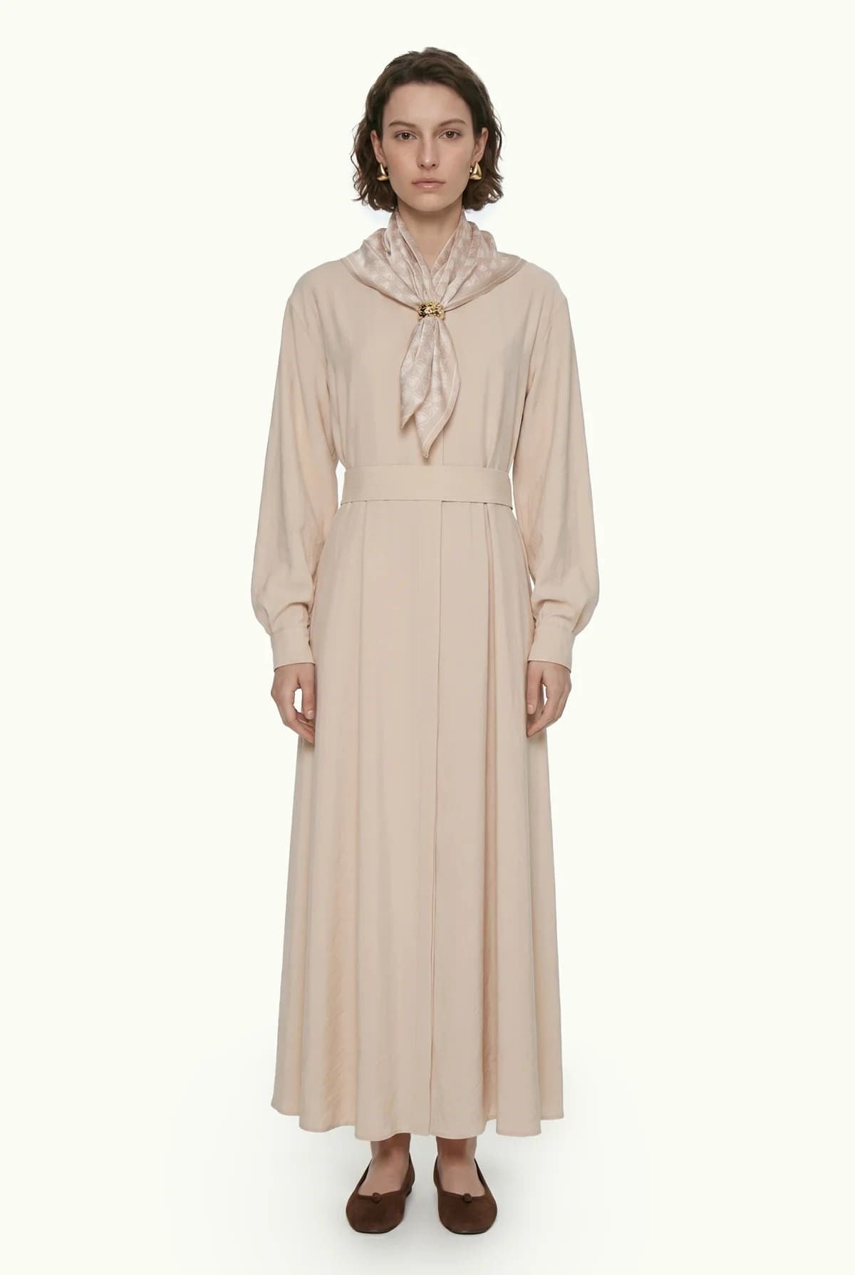 Kuşaklı Şal Detaylı Akışkan Bej Elbise 0579