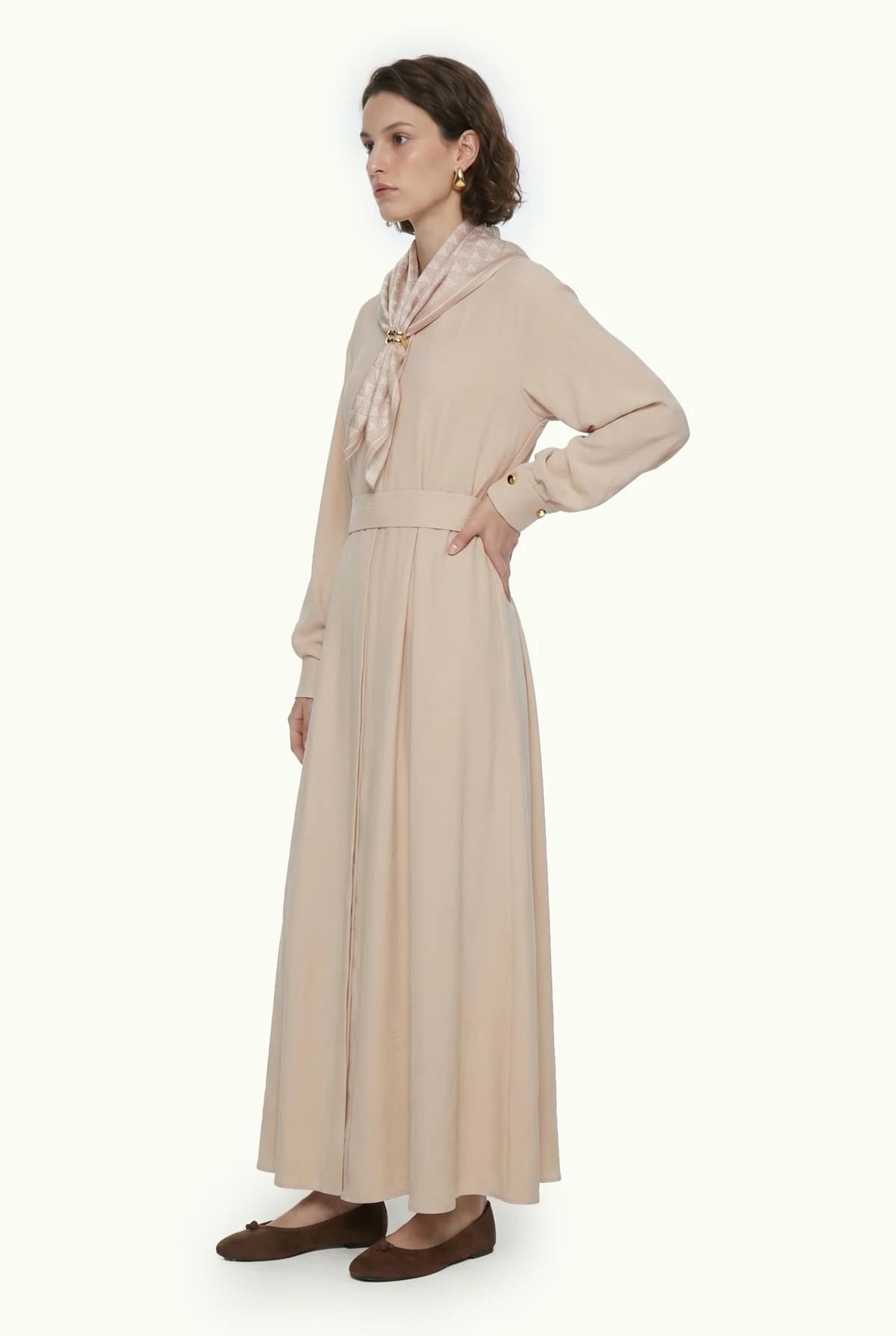 Kuşaklı Şal Detaylı Akışkan Bej Elbise 0579