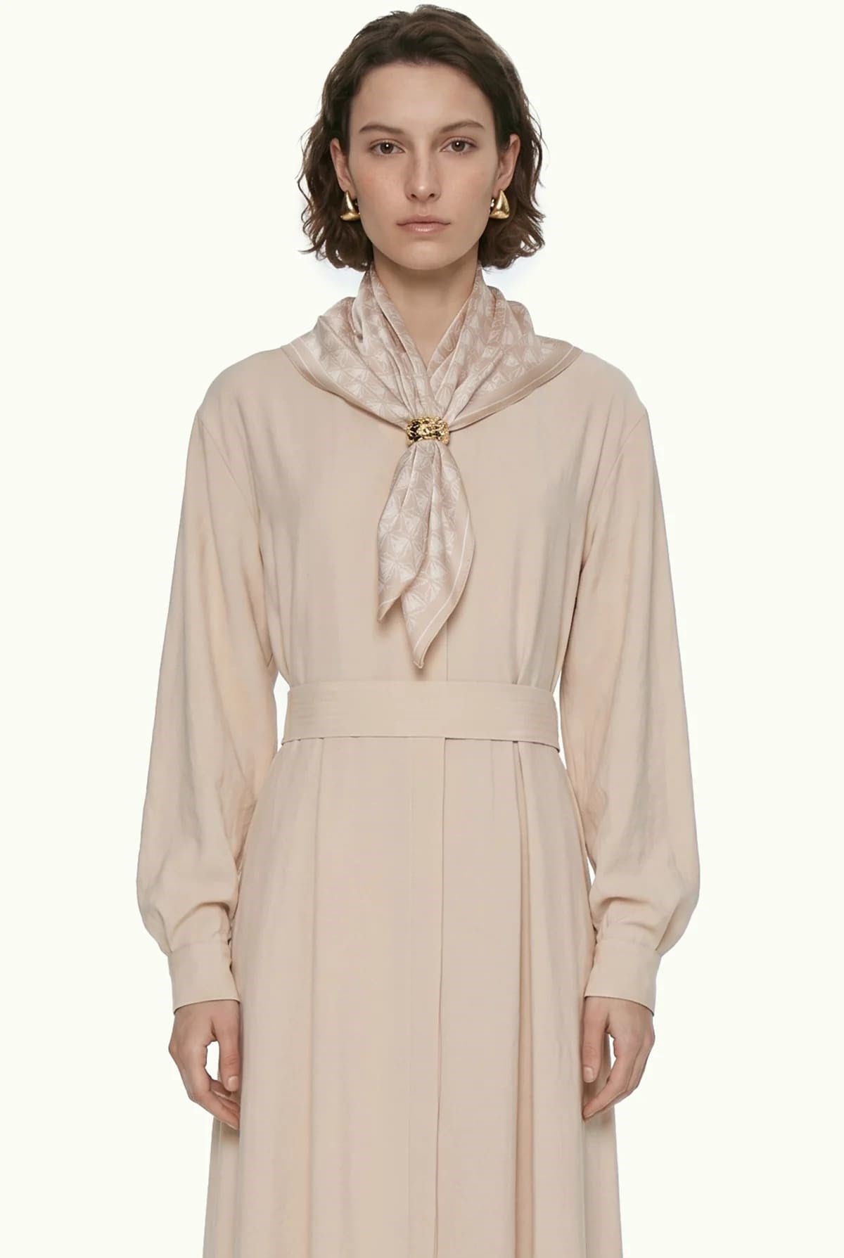 Kuşaklı Şal Detaylı Akışkan Bej Elbise 0579