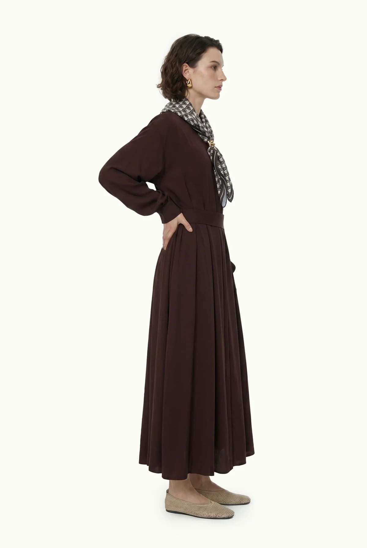 Kuşaklı Şal Detaylı Akışkan Kahve Elbise 0579