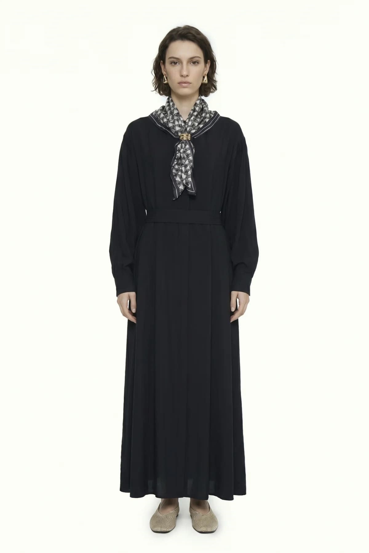 Kuşaklı Şal Detaylı Akışkan Siyah Elbise 0579