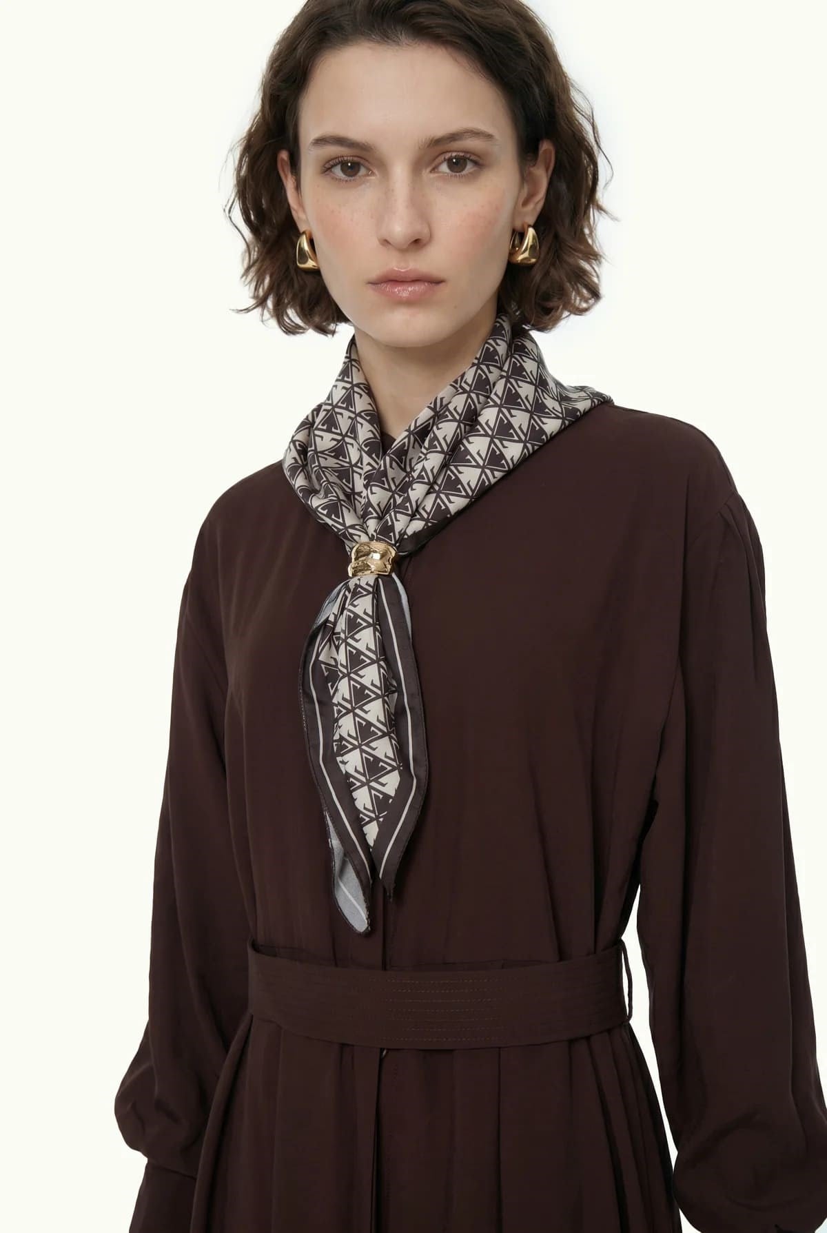 Kuşaklı Şal Detaylı Akışkan Kahve Elbise 0579