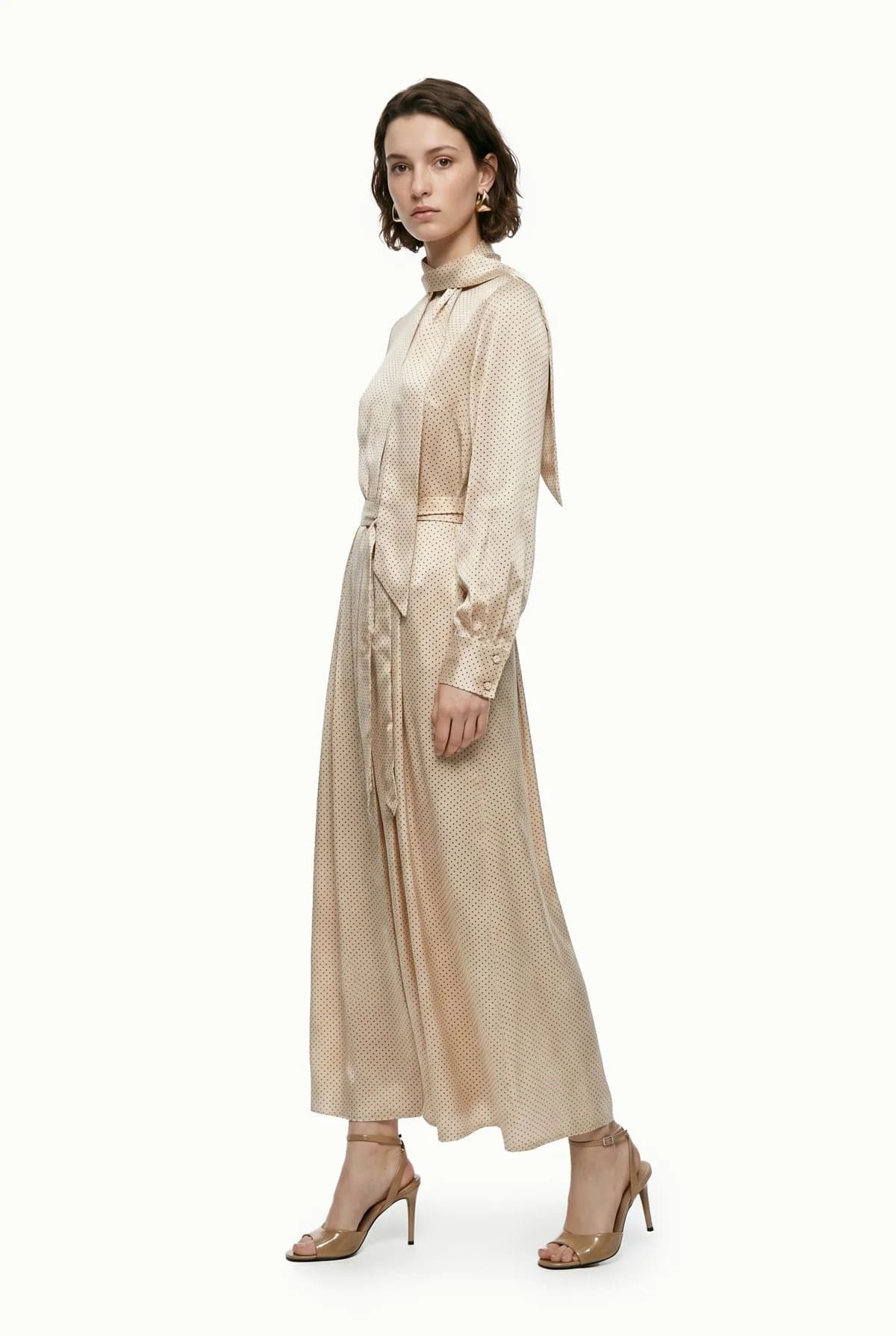 Fular Detaylı Kuşaklı Saten Ekru/siyah Elbise 0601