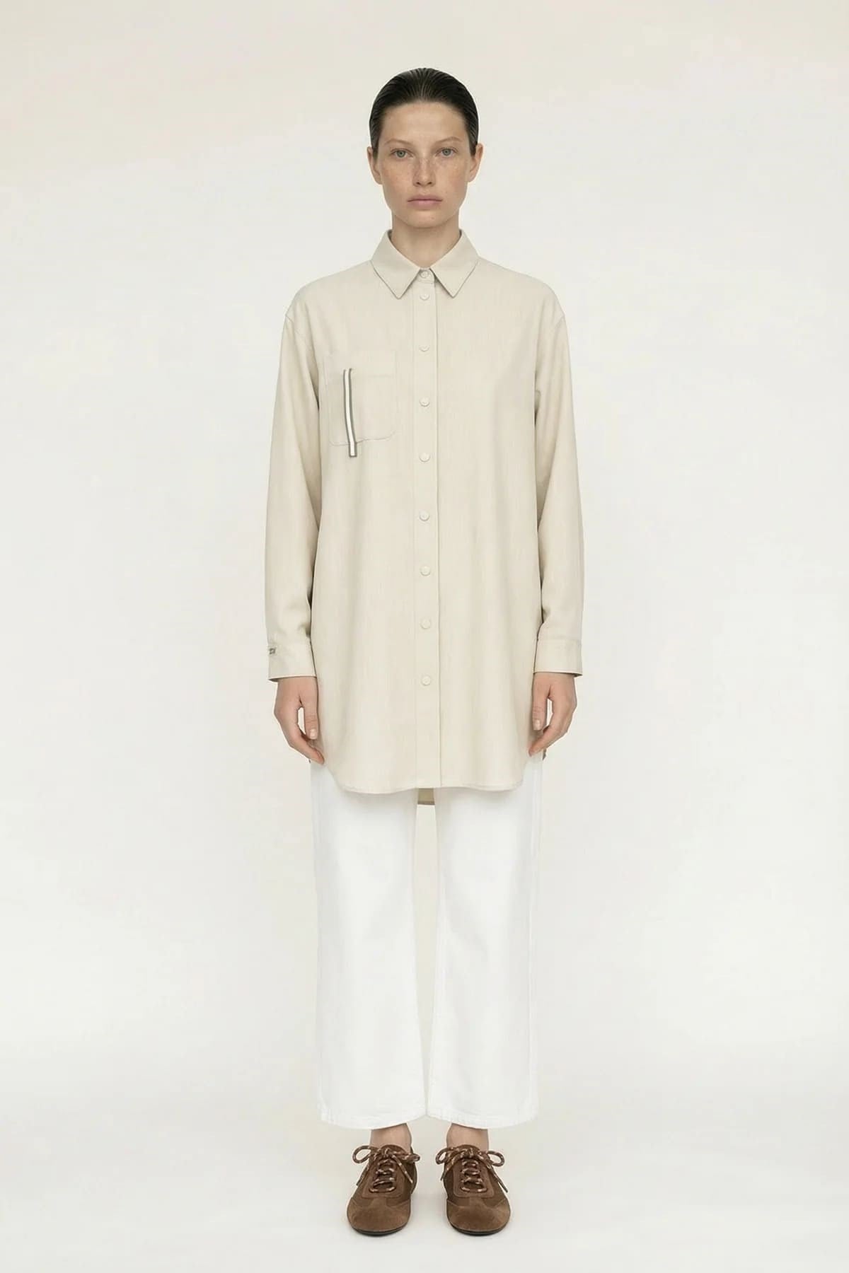 Düğmeli Cep Detaylı Rahat Bej Gömlek 0130