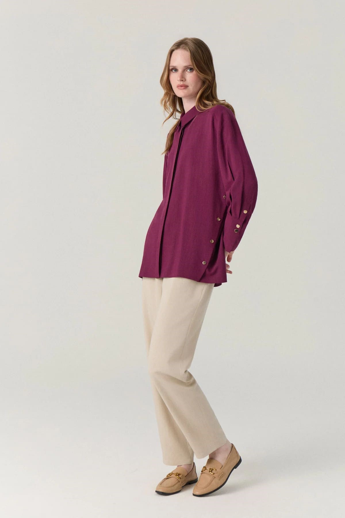Klasik Yaka Düğmeli Uzun Tunik Bordo Gömlek 0131