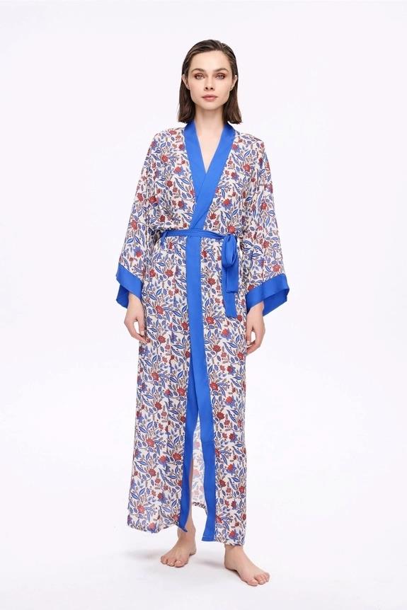 Haşema Mavi Çiçek Desenli Uzun Kimono 5049