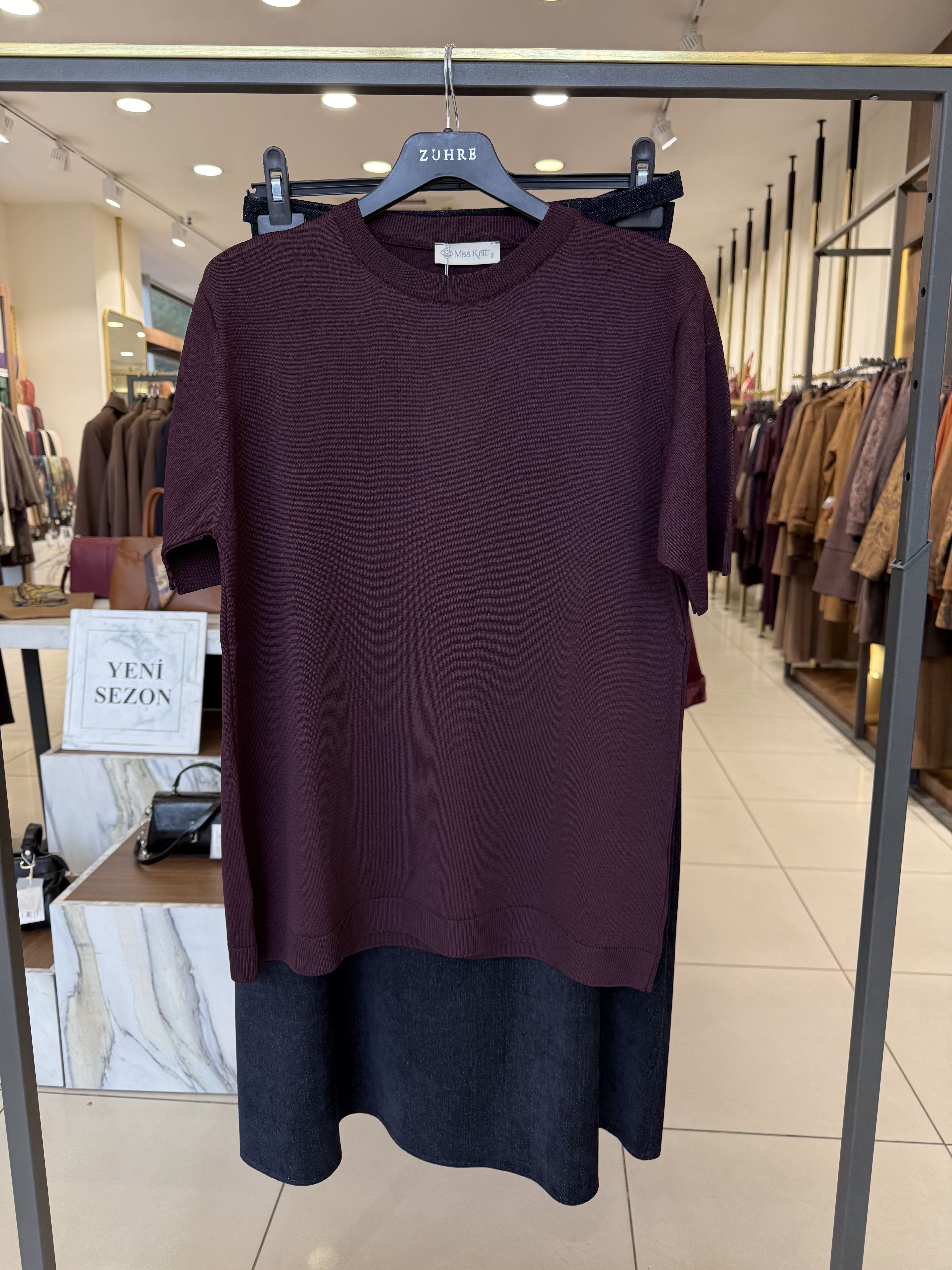 Kısa Kollu Triko Tunik Mürdüm 36365
