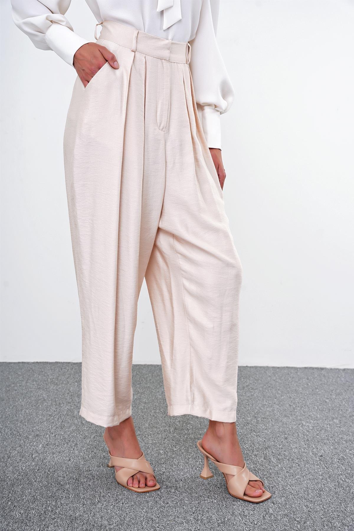 Pileli Bej Şalvar Pantolon P-0187