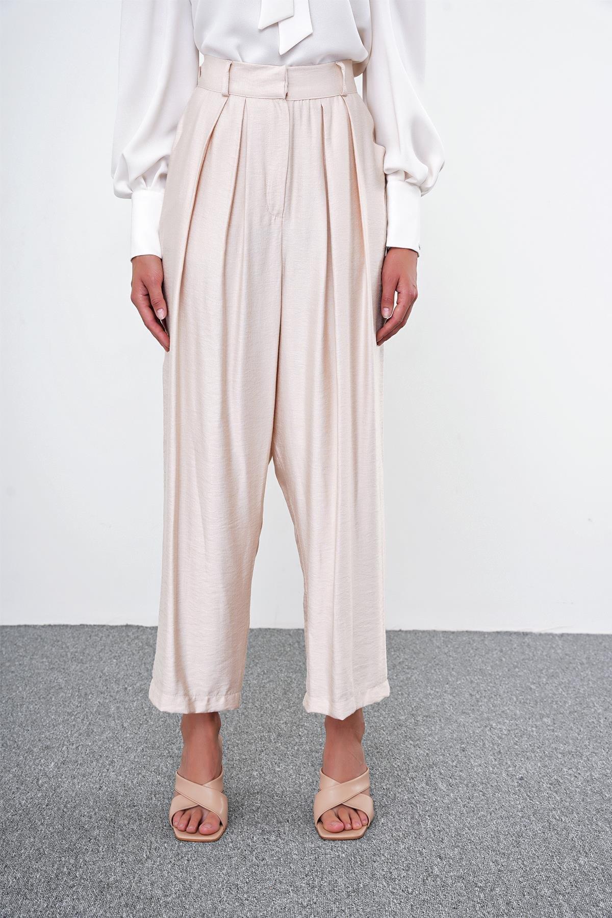 Pileli Bej Şalvar Pantolon P-0187