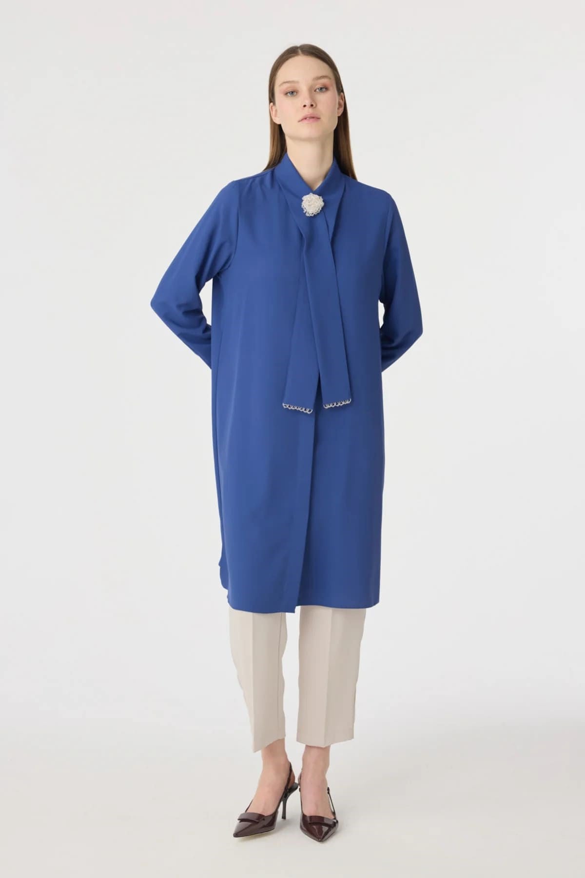 Yaka Broş Detaylı İndigo Tunik 1672