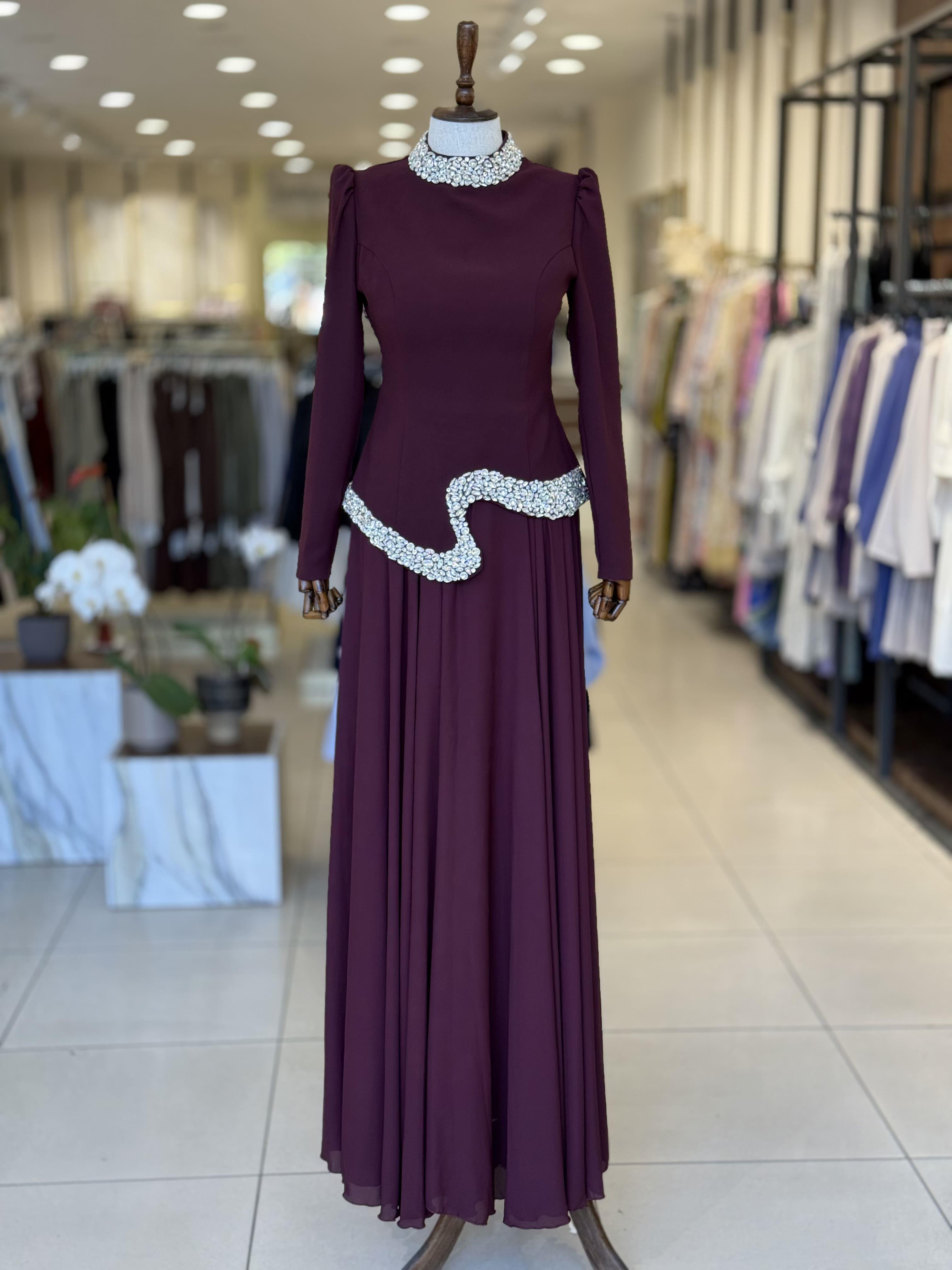 Taş Detaylı Queen Bordo Abiye 4437