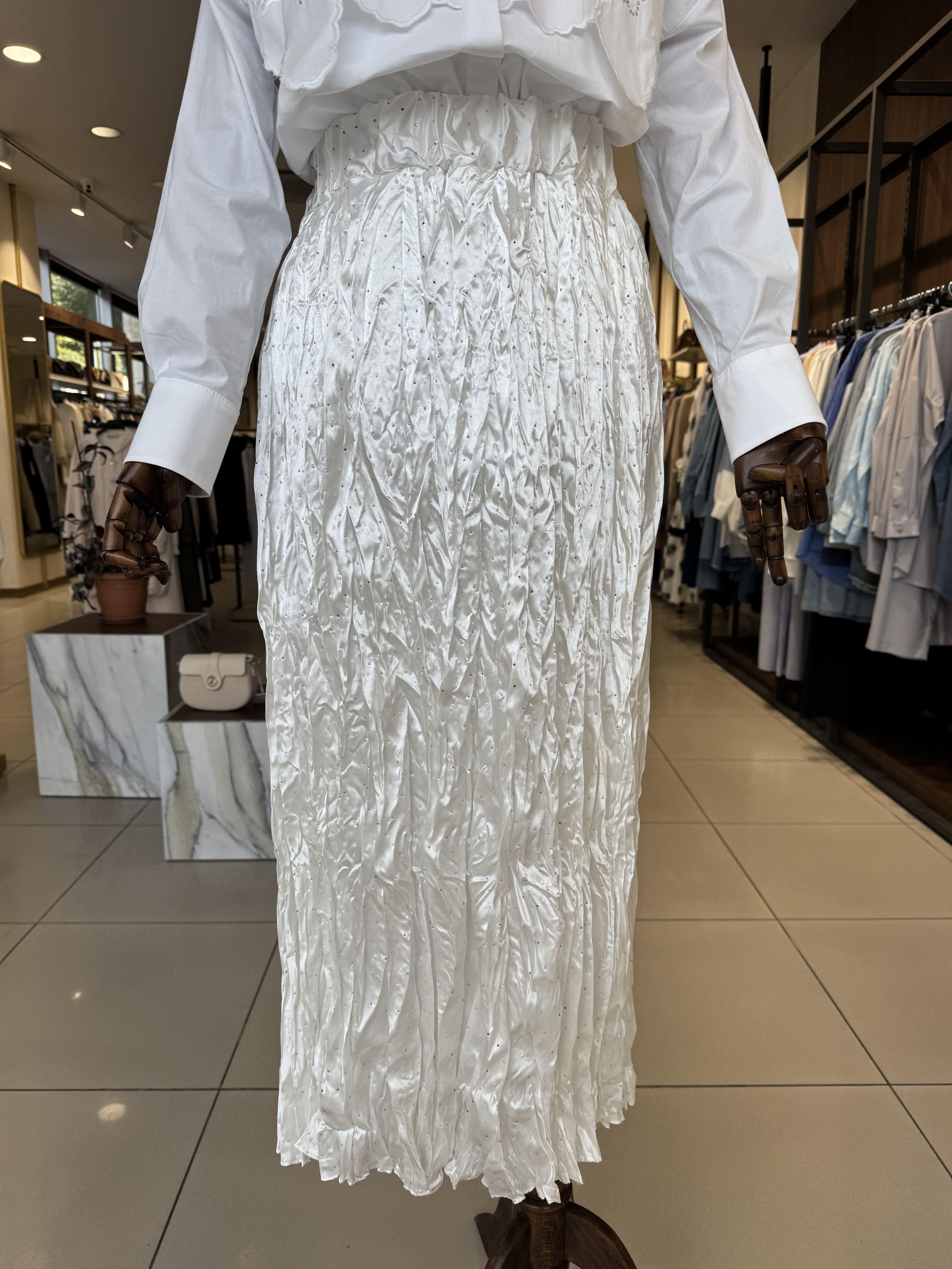 Taşlı Saten Kırışık Etek Beyaz 1023