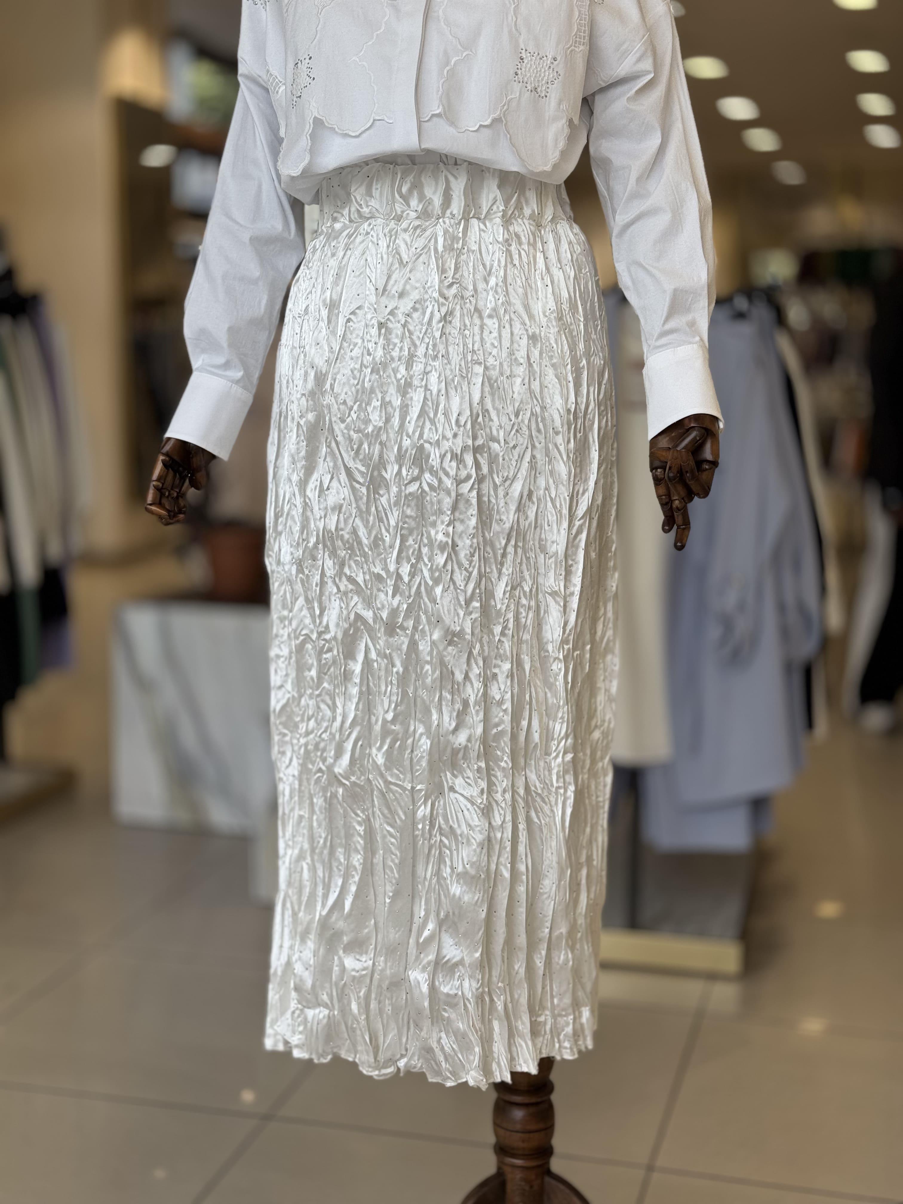 Taşlı Saten Kırışık Etek Beyaz 1023