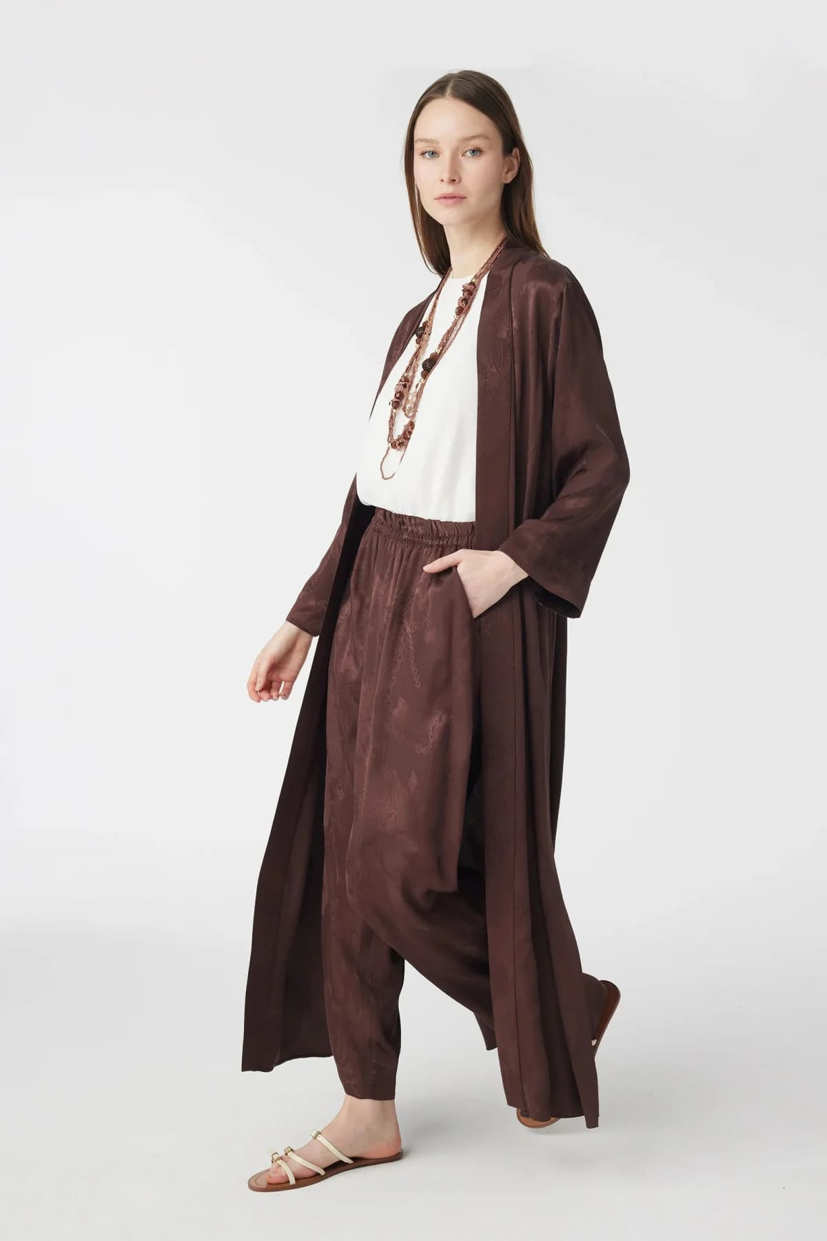 Desenli Uzun Kimono Kahve Takım 1770