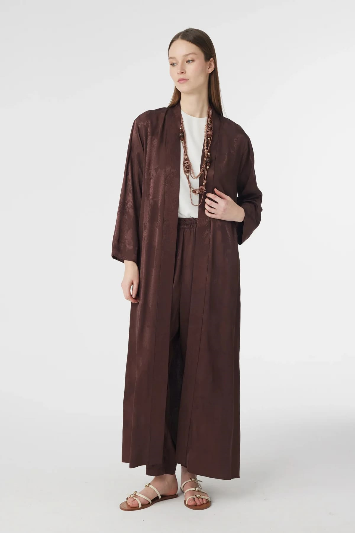 Desenli Uzun Kimono Kahve Takım 1770