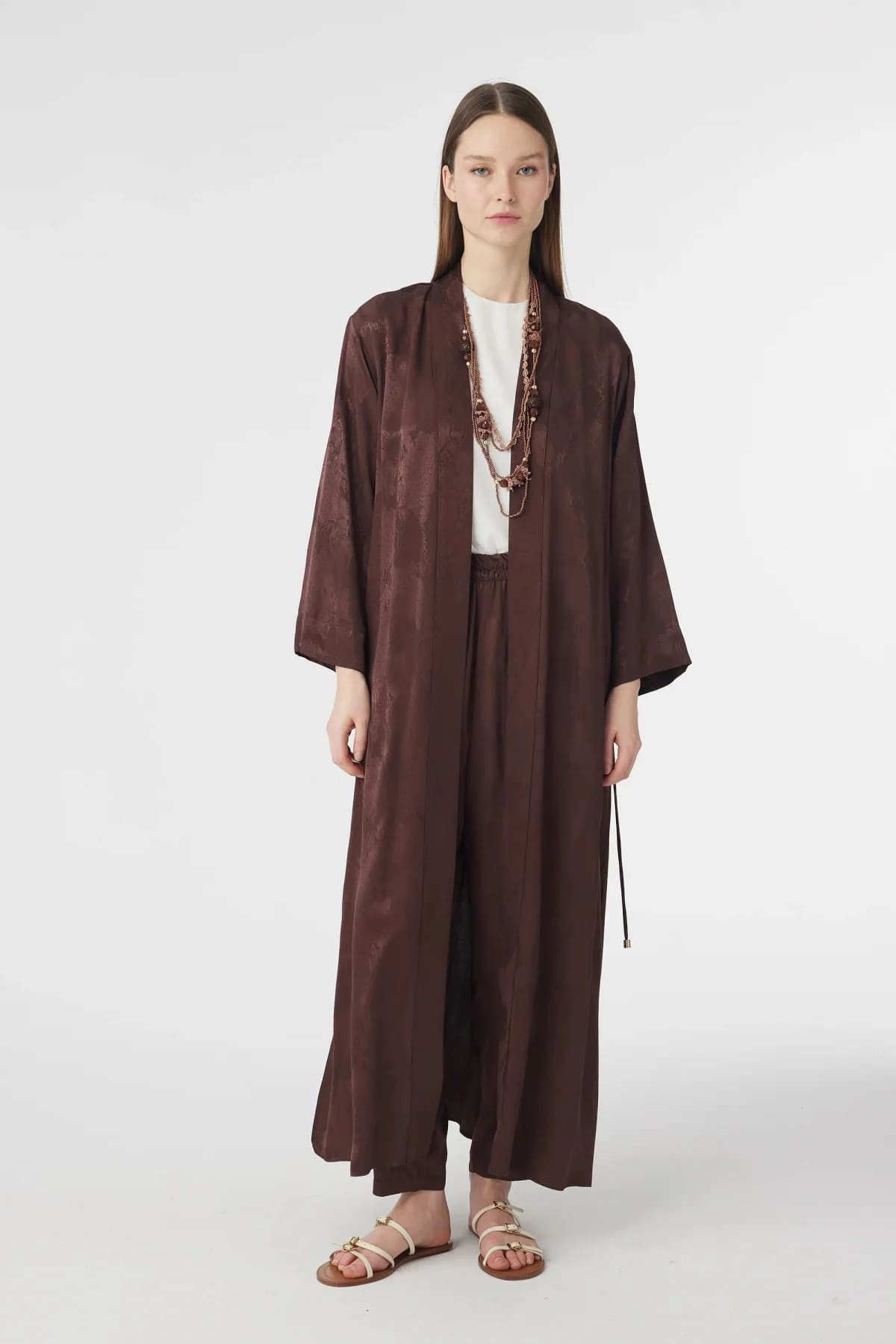 Desenli Uzun Kimono Kahve Takım 1770