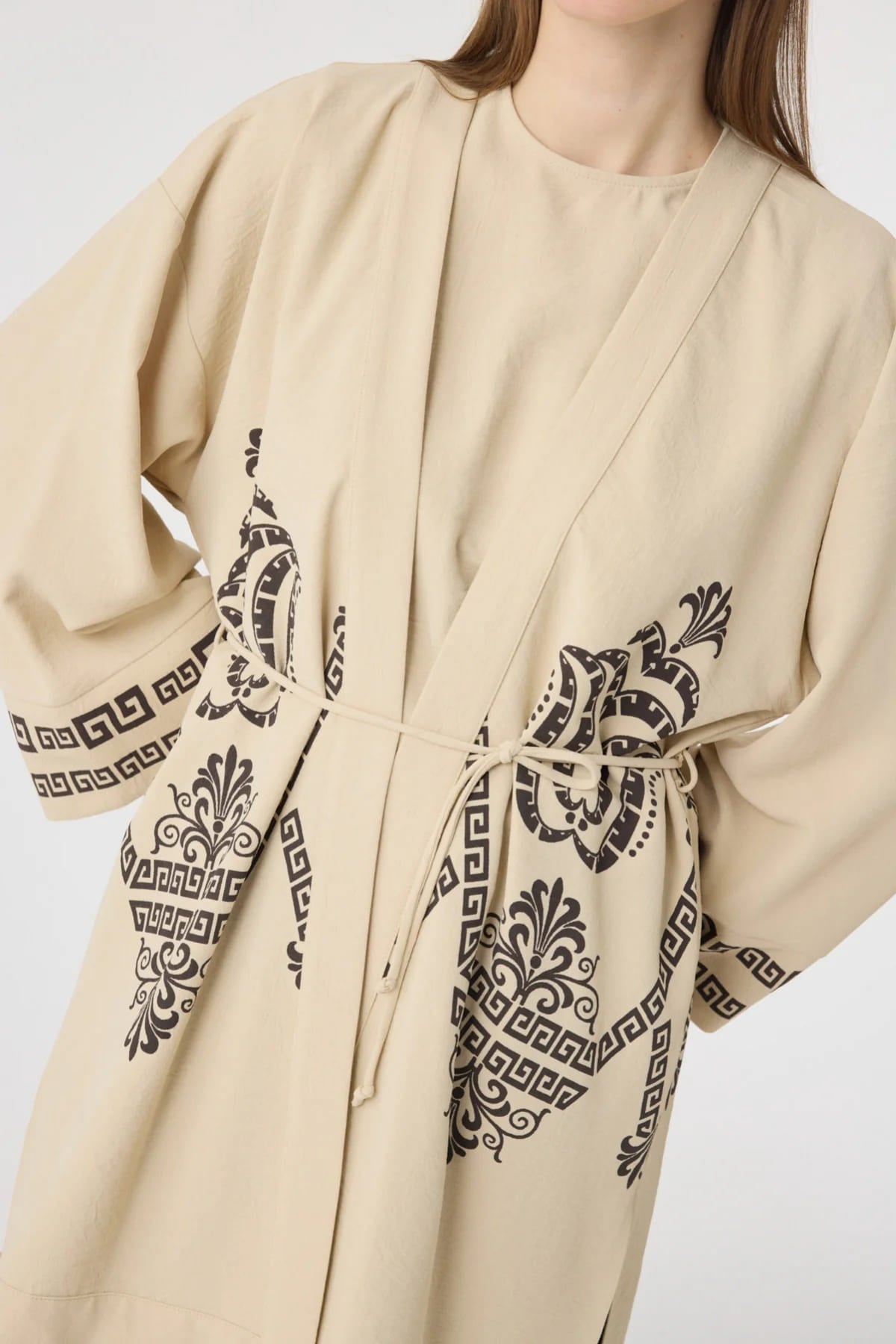 Etnik Desenli Kahve Kimono Ceket Takım 1943