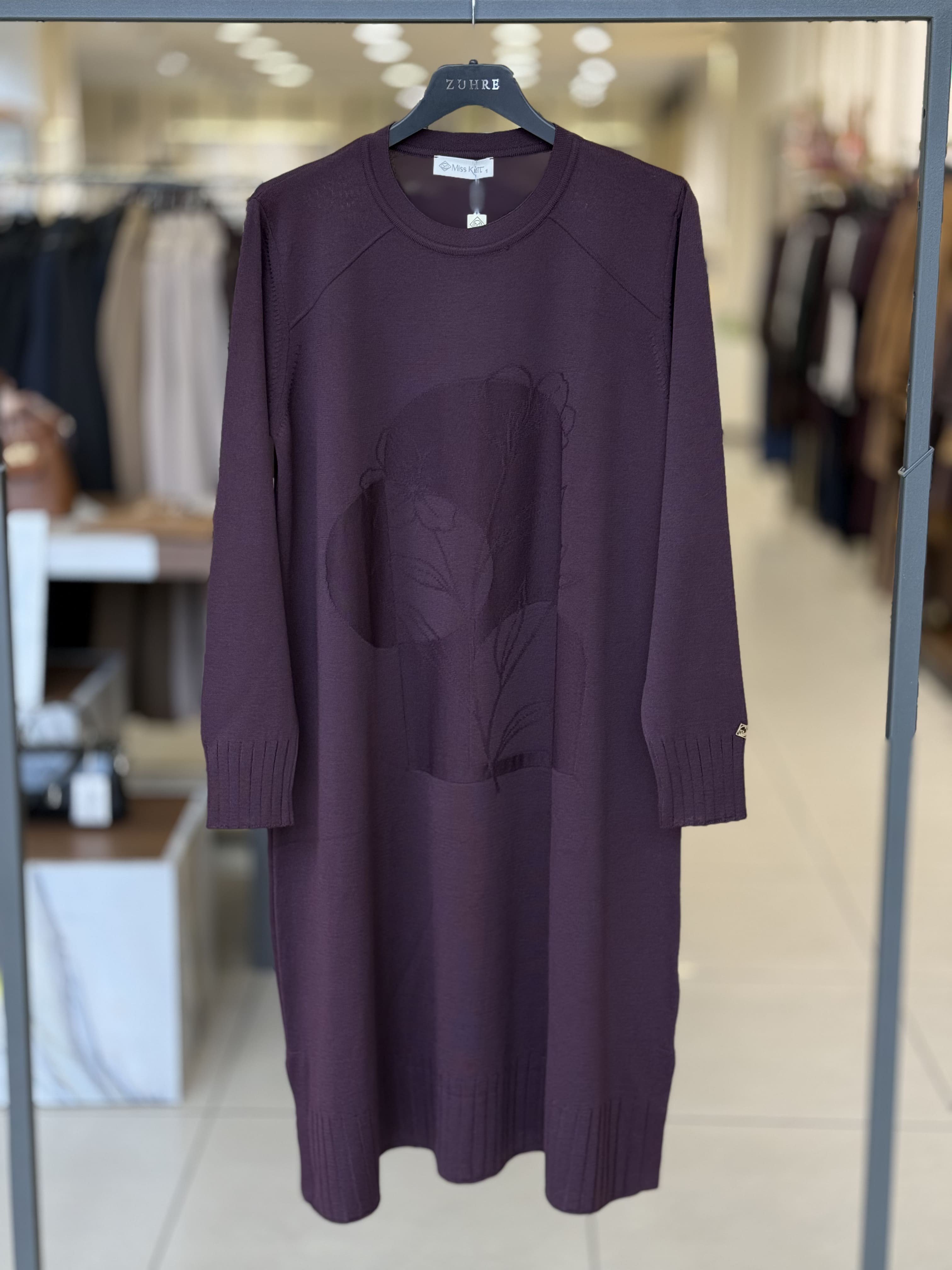 Tonal Desenli Reglan Kol Triko Tunik Bordo 36231