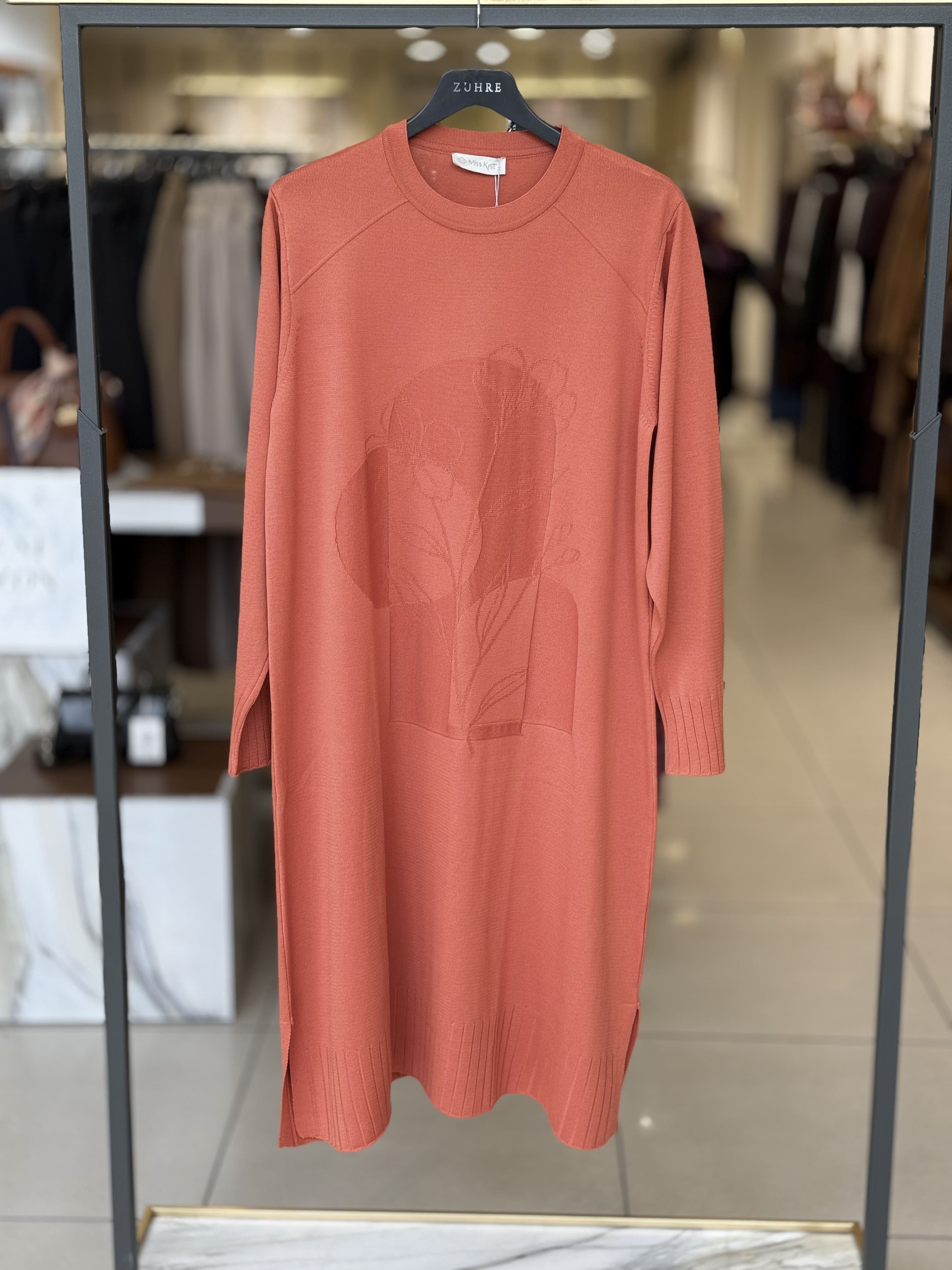 Tonal Desenli Reglan Kol Triko Tunik Turuncu 36231