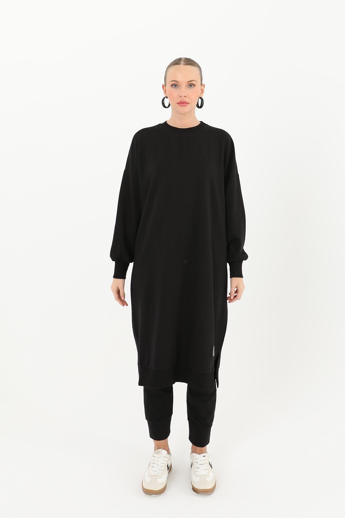 Uzun Düz Siyah Sweatshirt 30645
