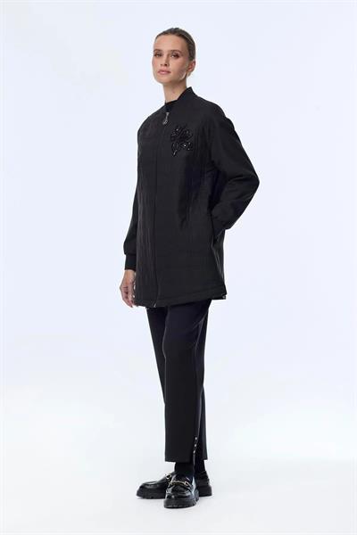 Kapitone Desenli Fermuarlı Siyah Ceket C-0150
