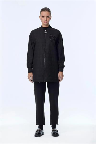 Kapitone Desenli Fermuarlı Siyah Ceket C-0150