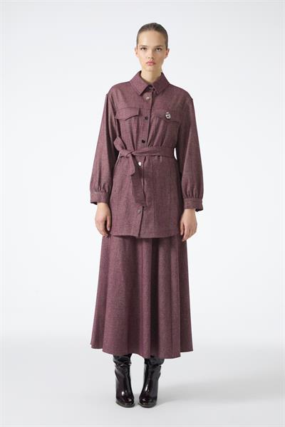 Broş Detaylı Kuşaklı Mürdüm Ceket C-0158