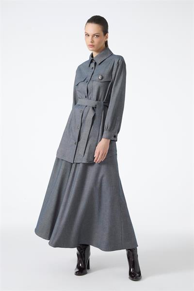 Broş Detaylı Kuşaklı İndigo Ceket C-0158